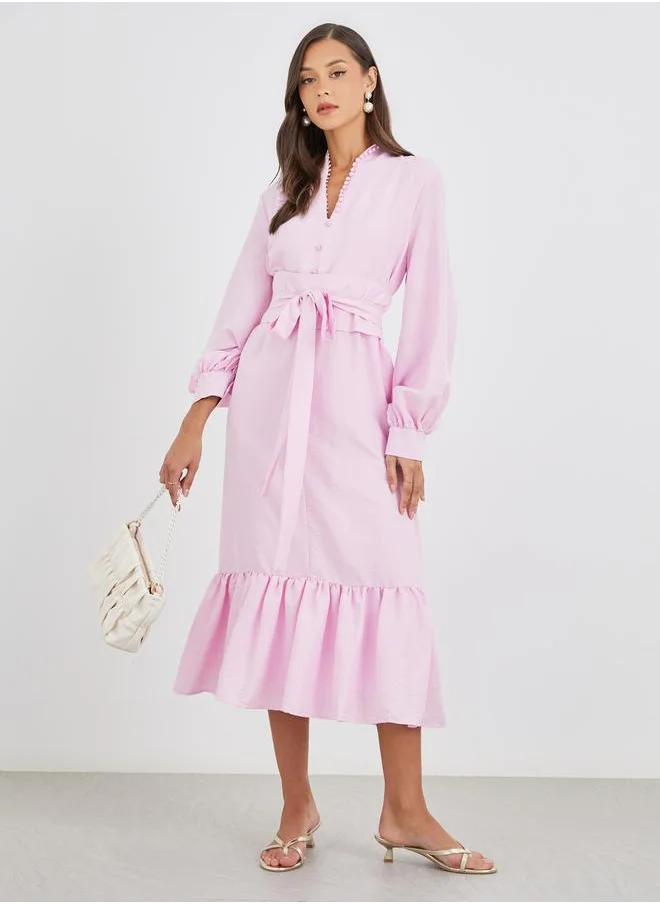 Styli Styli Women Light Pink Plain Belted A-Line Midi Dress