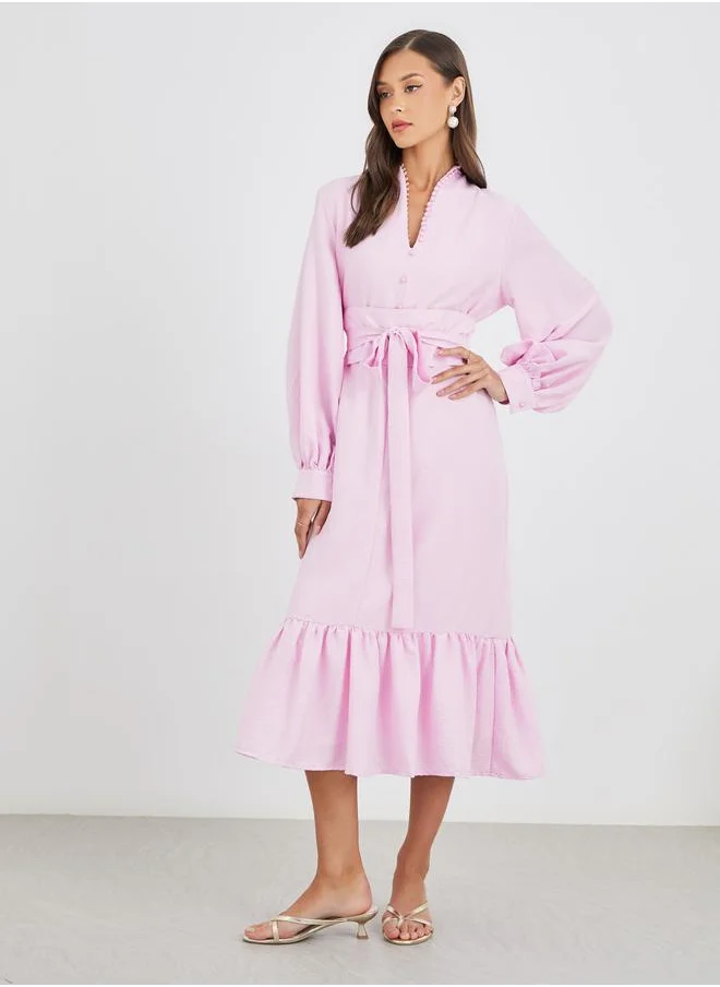 Styli Styli Women Light Pink Plain Belted A-Line Midi Dress