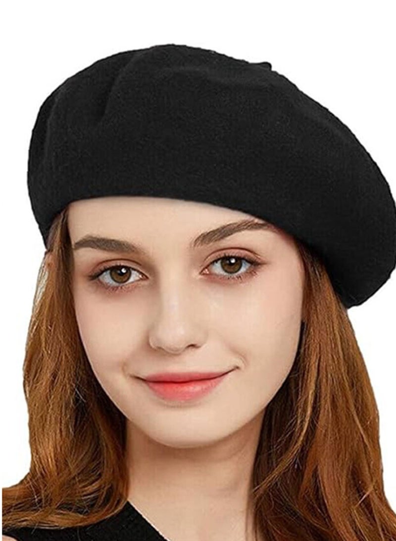 Women Wool Beret Hat French Style Artist Beanie Cap Vintage Lady Cap (Black)  - Image 1