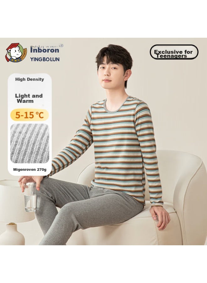 Yingbolun Youth Autumn Underwear Set For Boys, Thermal Pajamas For Men, Fall/winter Style, Warm Sleepwear, 81193 Blue Stripe, Size 165 - Image 3