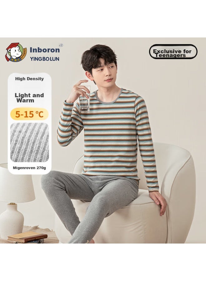 Yingbolun Youth Autumn Underwear Set For Boys, Thermal Pajamas For Men, Fall/winter Style, Warm Sleepwear, 81193 Blue Stripe, Size 165 - Image 1