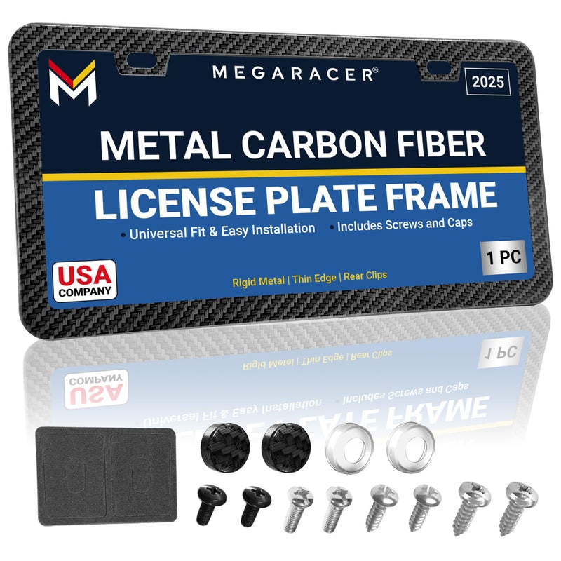 Mega Racer Premium Slim Carbon Fiber Design License Plate Frame â€“ 1 Piece, Rust-Free Stainless Steel & Rattle-Free, Street Legal, Universal with Screw Caps, Thin Metal Front or Rear Car Tag Holders for Men - Image 1