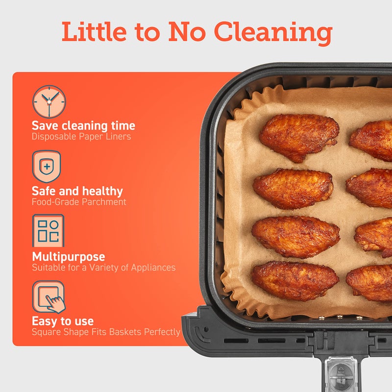 COSORI Air Fryer Liners, 100 PCS Square Disposable Paper Liners, Non-Stick Silicone Oil Coating, Little to No Cleaning, 6.5" Unbleached Food Grade, Resistant to 465Â°F, Thickened Not Easy to Break - Image 2