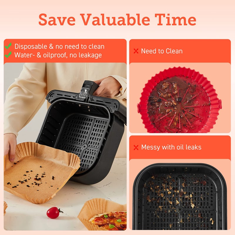 COSORI Air Fryer Liners, 100 PCS Square Disposable Paper Liners, Non-Stick Silicone Oil Coating, Little to No Cleaning, 6.5" Unbleached Food Grade, Resistant to 465Â°F, Thickened Not Easy to Break - Image 3