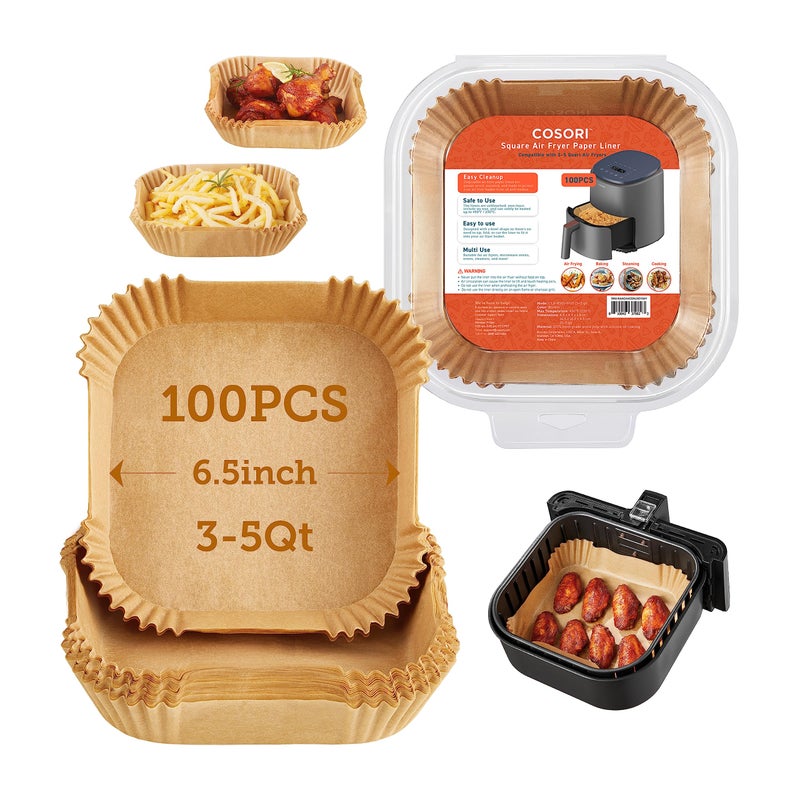 COSORI Air Fryer Liners, 100 PCS Square Disposable Paper Liners, Non-Stick Silicone Oil Coating, Little to No Cleaning, 6.5" Unbleached Food Grade, Resistant to 465Â°F, Thickened Not Easy to Break - Image 1