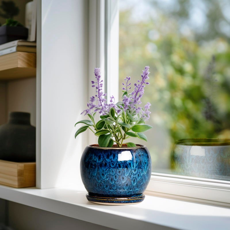 SQOWL 6 Inch Plant Pot - Ceramic Planter Pot with Drainage Hole and Saucer, Succulent Pot Round Flower Pot for Indoor Plants Outdoor, Blue - Image 2