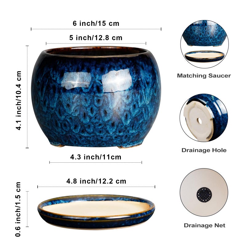 SQOWL 6 Inch Plant Pot - Ceramic Planter Pot with Drainage Hole and Saucer, Succulent Pot Round Flower Pot for Indoor Plants Outdoor, Blue - Image 3