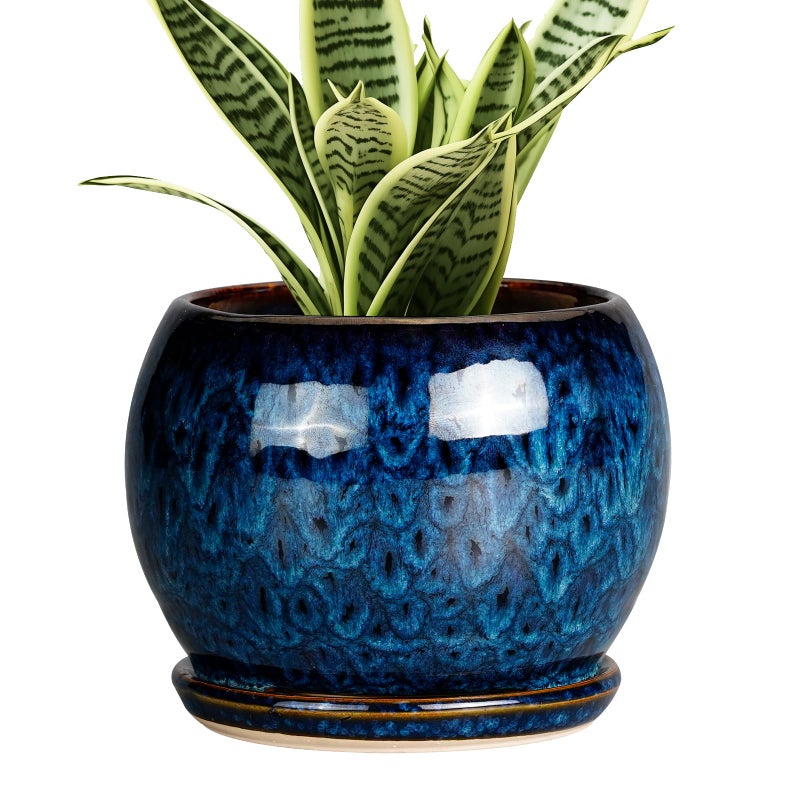 SQOWL 6 Inch Plant Pot - Ceramic Planter Pot with Drainage Hole and Saucer, Succulent Pot Round Flower Pot for Indoor Plants Outdoor, Blue - Image 1