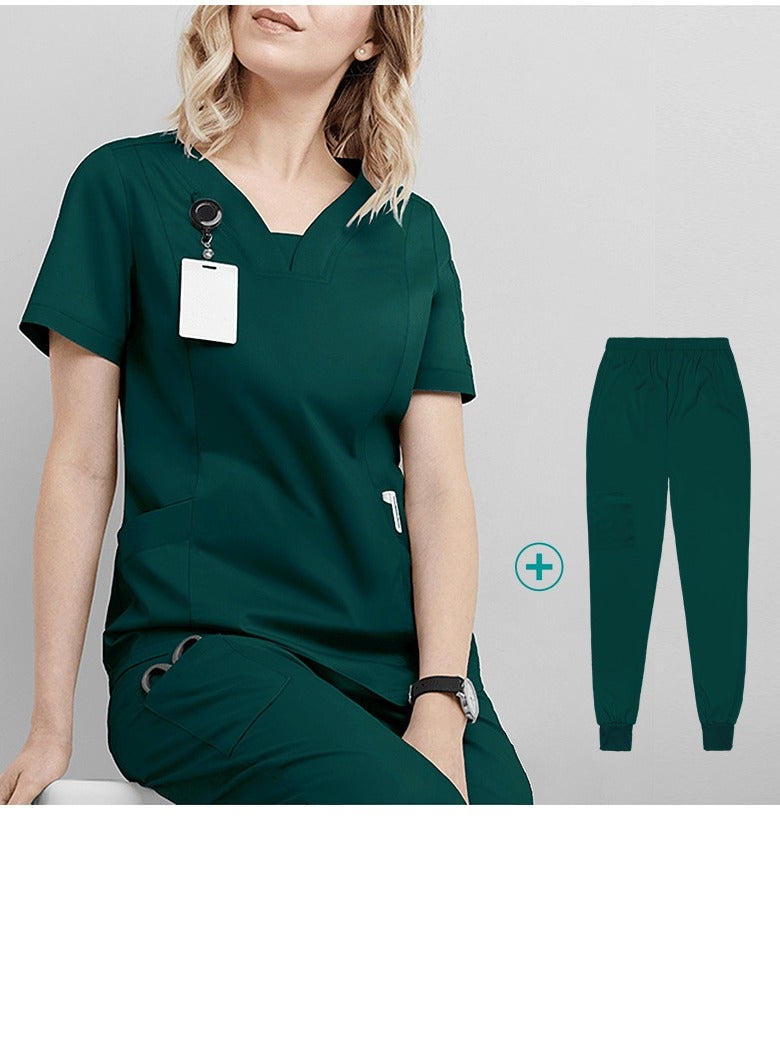 Loquat Solid Color Medical Uniform Scrubs Set Medical Scrubs 2 Piece Set Top and Pants Suit Blackish Green