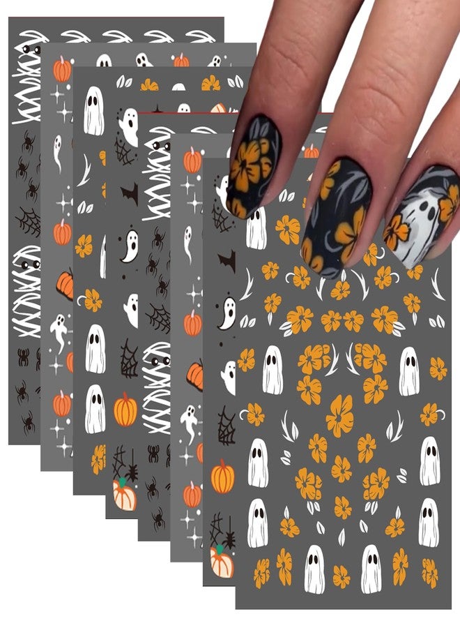 NSSHEL 8 Sheets Halloween Nail Stickers Cute Ghost Nail Decals 3D Self-Adhesive Halloween Bat Pumpkin Spider Web Mummy Nail Art Design Flower Nails Stickers for Women DIY Manicure Decoration - Image 1