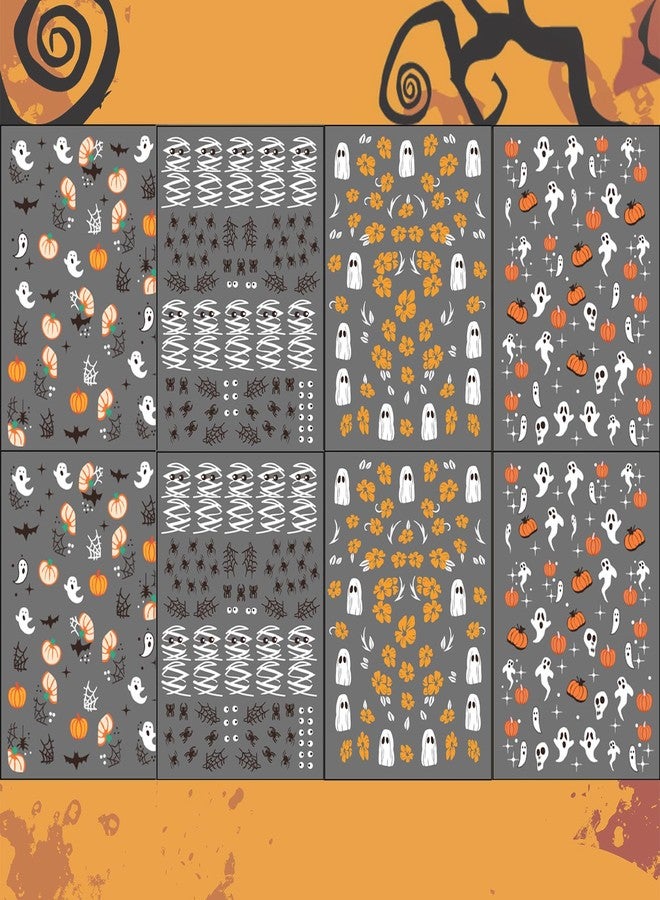 NSSHEL 8 Sheets Halloween Nail Stickers Cute Ghost Nail Decals 3D Self-Adhesive Halloween Bat Pumpkin Spider Web Mummy Nail Art Design Flower Nails Stickers for Women DIY Manicure Decoration - Image 2