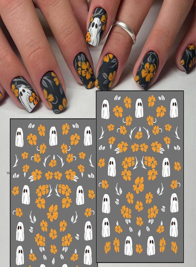 NSSHEL 8 Sheets Halloween Nail Stickers Cute Ghost Nail Decals 3D Self-Adhesive Halloween Bat Pumpkin Spider Web Mummy Nail Art Design Flower Nails Stickers for Women DIY Manicure Decoration - Image 5