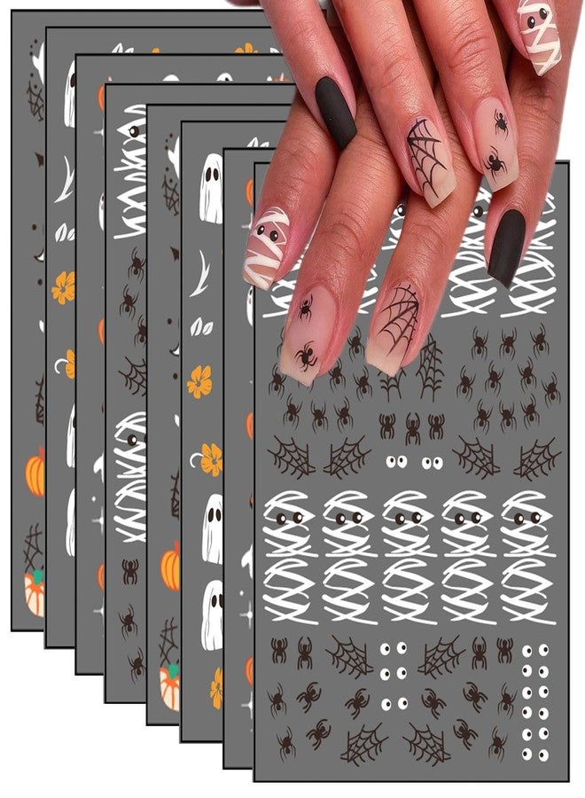 NSSHEL 8 Sheets Halloween Nail Stickers Cute Ghost Nail Decals 3D Self-Adhesive Halloween Bat Pumpkin Spider Web Mummy Nail Art Design Flower Nails Stickers for Women DIY Manicure Decoration - Image 3