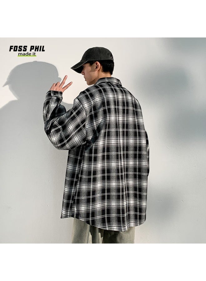 Foss Phil Retro Plaid Shirt قميص رجالي خريف وشتاء فضفاض ستيل هونغ كونغ潮牌 كم طويل جاكيت Fpcs11 أسود XL - Image 4