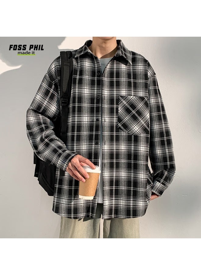 Foss Phil Retro Plaid Shirt قميص رجالي خريف وشتاء فضفاض ستيل هونغ كونغ潮牌 كم طويل جاكيت Fpcs11 أسود XL - Image 1