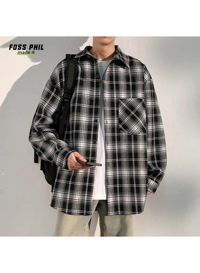Foss Phil Retro Plaid Shirt قميص رجالي خريف وشتاء فضفاض ستيل هونغ كونغ潮牌 كم طويل جاكيت Fpcs11 أسود XL - Image 3