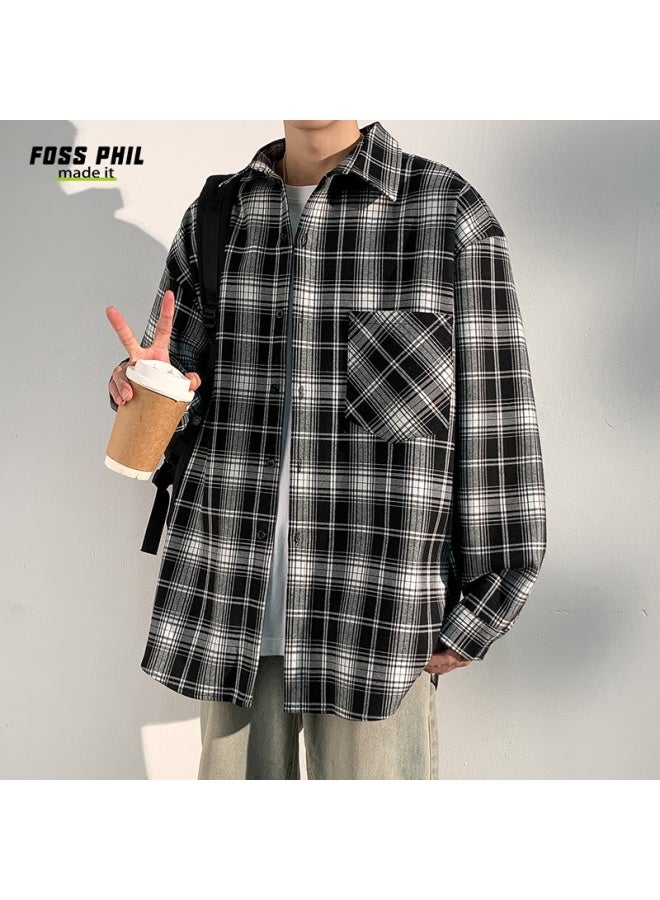 Foss Phil Retro Plaid Shirt قميص رجالي خريف وشتاء فضفاض ستيل هونغ كونغ潮牌 كم طويل جاكيت Fpcs11 أسود XL - Image 2