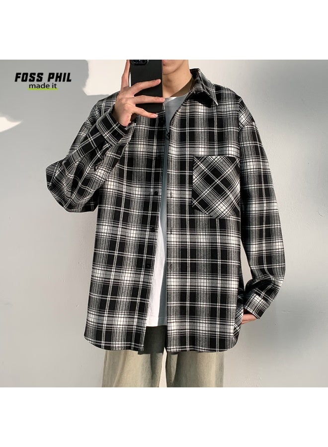 Foss Phil Retro Plaid Shirt قميص رجالي خريف وشتاء فضفاض ستيل هونغ كونغ潮牌 كم طويل جاكيت Fpcs11 أسود XL - Image 5