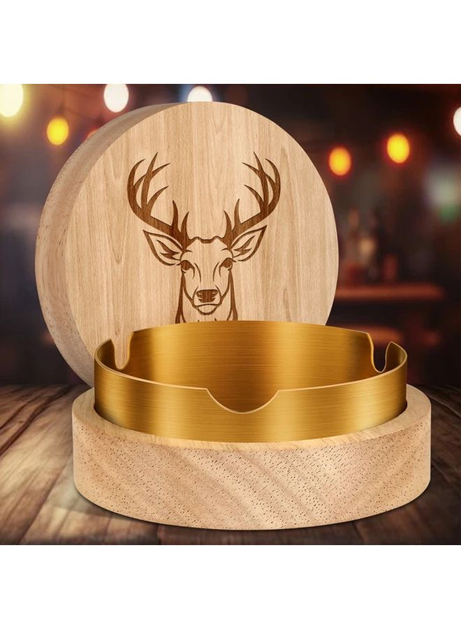 مطفأة سجائر خشبية ذهبية بغطاء وبطانة من الفولاذ المقاوم للصدأ، مقاومة للروائح ومحمولة للسيارة والمنزل والمكتب - Image 1