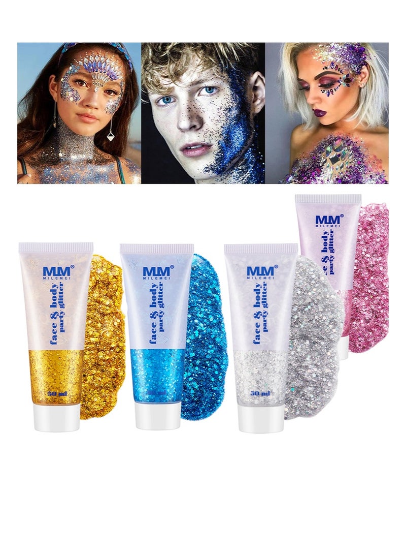 مايلمي 4 ألوان من جل بريق الوجه والجسم للحفلات، جل بريق الجسم، جل بريق الوجه والجسم لمكياج حفلات المغنيين، جل لامع ثلاثي الأبعاد يدوم طويلاً مع ترتر سميك للعين والشفاه والشعر والأظافر (فضي + وردي + ذهبي + أزرق) - Image 1