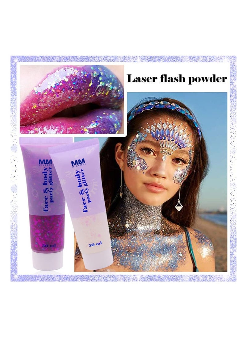 مايلمي 4 ألوان من جل بريق الوجه والجسم للحفلات، جل بريق الجسم، جل بريق الوجه والجسم لمكياج حفلات المغنيين، جل لامع ثلاثي الأبعاد يدوم طويلاً مع ترتر سميك للعين والشفاه والشعر والأظافر (فضي + وردي + ذهبي + أزرق) - Image 2