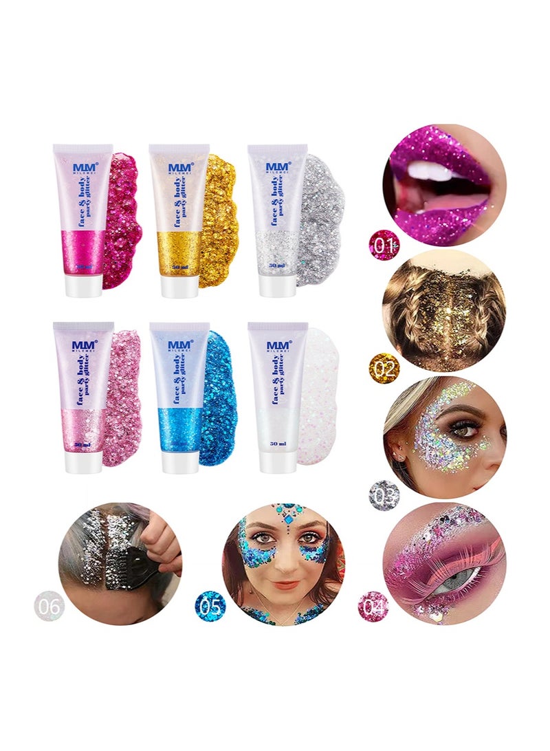 مايلمي 4 ألوان من جل بريق الوجه والجسم للحفلات، جل بريق الجسم، جل بريق الوجه والجسم لمكياج حفلات المغنيين، جل لامع ثلاثي الأبعاد يدوم طويلاً مع ترتر سميك للعين والشفاه والشعر والأظافر (فضي + وردي + ذهبي + أزرق) - Image 5