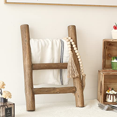 FUIN Fully Assembled Wooden Tea Towel Ladder, Mini Ladder Towel Rack Display Hanger, Small Rustic Farmhouse Tea Towel Stand Holder for Country Bathroom Decor, Brown - Image 2