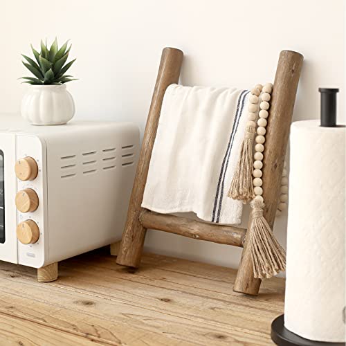 FUIN Fully Assembled Wooden Tea Towel Ladder, Mini Ladder Towel Rack Display Hanger, Small Rustic Farmhouse Tea Towel Stand Holder for Country Bathroom Decor, Brown - Image 3