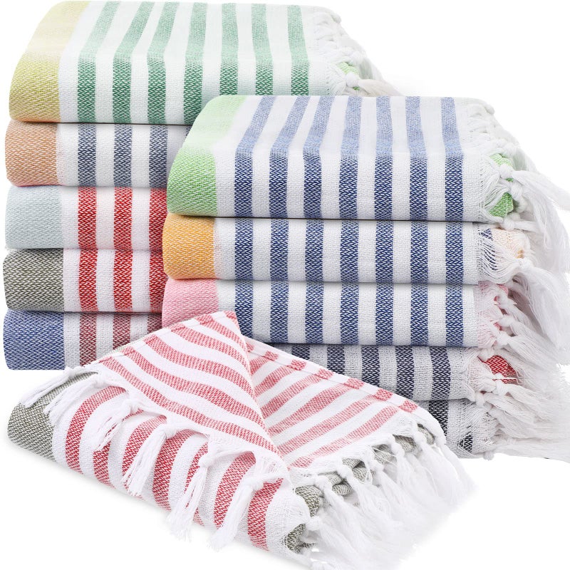 Oudain 10 Pcs Turkish Beach Towels Bulk Cotton Quick Dry 71 x 40 Inch Lightweight Sand Free Pool Towel with Tassel Striped for Shower Gym YogaStylish Colors
