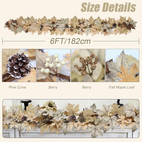 CHEAWRTZ Realistic Fall Garland with Lights, 6 FT Real Touch Feel Leaves Garland with Berries Pine Cones, Fall Decorations for Home Thanksgiving Halloween Decorations Indoor Farmhouse Porch Fireplace - Image 3
