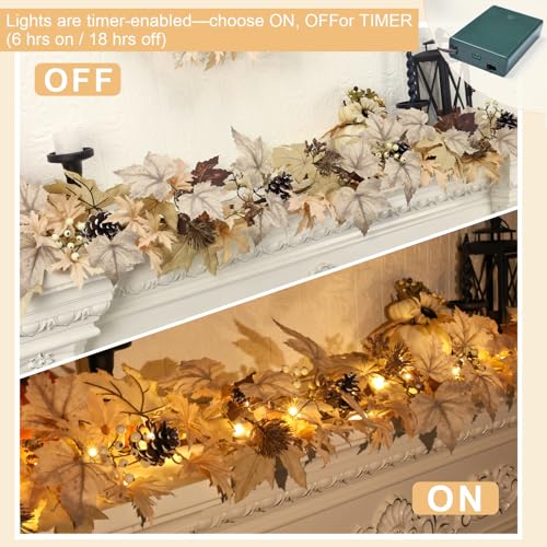 CHEAWRTZ Realistic Fall Garland with Lights, 6 FT Real Touch Feel Leaves Garland with Berries Pine Cones, Fall Decorations for Home Thanksgiving Halloween Decorations Indoor Farmhouse Porch Fireplace - Image 2