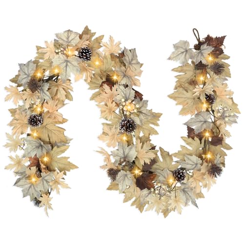 CHEAWRTZ Realistic Fall Garland with Lights, 6 FT Real Touch Feel Leaves Garland with Berries Pine Cones, Fall Decorations for Home Thanksgiving Halloween Decorations Indoor Farmhouse Porch Fireplace - Image 1