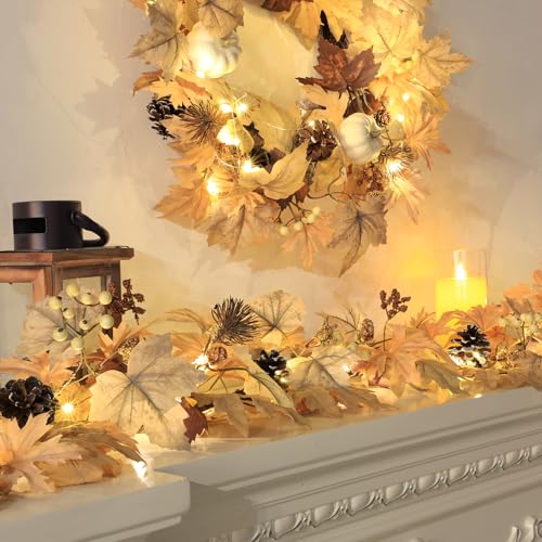 CHEAWRTZ Realistic Fall Garland with Lights, 6 FT Real Touch Feel Leaves Garland with Berries Pine Cones, Fall Decorations for Home Thanksgiving Halloween Decorations Indoor Farmhouse Porch Fireplace - Image 4