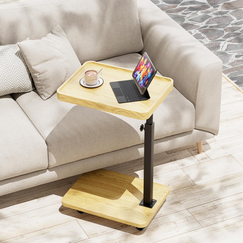 Katrawu Tv Tray,Adjustable Height C Shaped End Side Table for Eating on Couch That Slide Under,360Â°Swivel Sofa Snack Dinner Table with Wheels for Living Room and Bedroom, Bed,Chair(Oak+Black) - Image 1