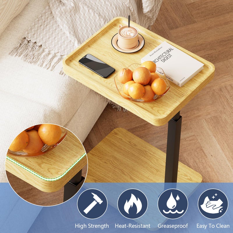 Katrawu Tv Tray,Adjustable Height C Shaped End Side Table for Eating on Couch That Slide Under,360Â°Swivel Sofa Snack Dinner Table with Wheels for Living Room and Bedroom, Bed,Chair(Oak+Black) - Image 4
