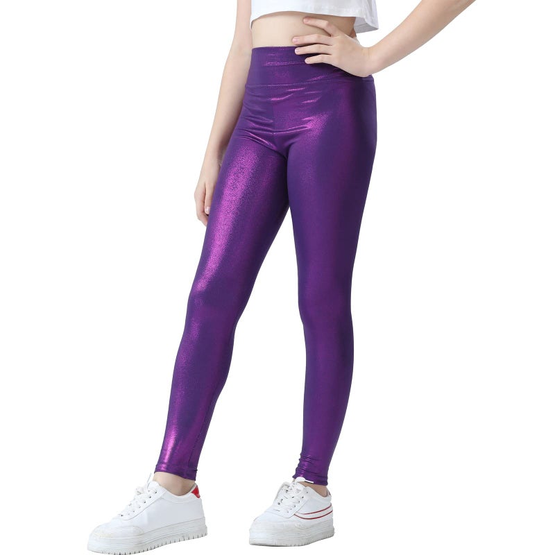 Jinhiteam Metallic Leggings for Girls 9-10 Years Old Sparkly Purple Stretch Wide Waistband Pants Dance Tights - Image 2