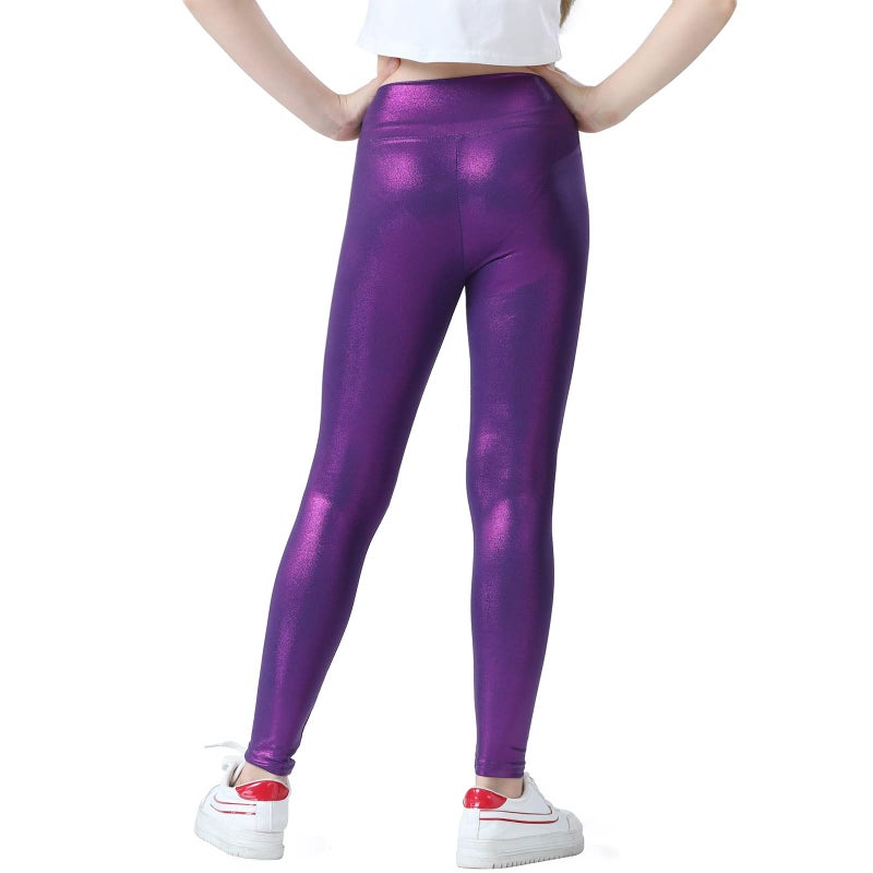 Jinhiteam Metallic Leggings for Girls 9-10 Years Old Sparkly Purple Stretch Wide Waistband Pants Dance Tights - Image 4