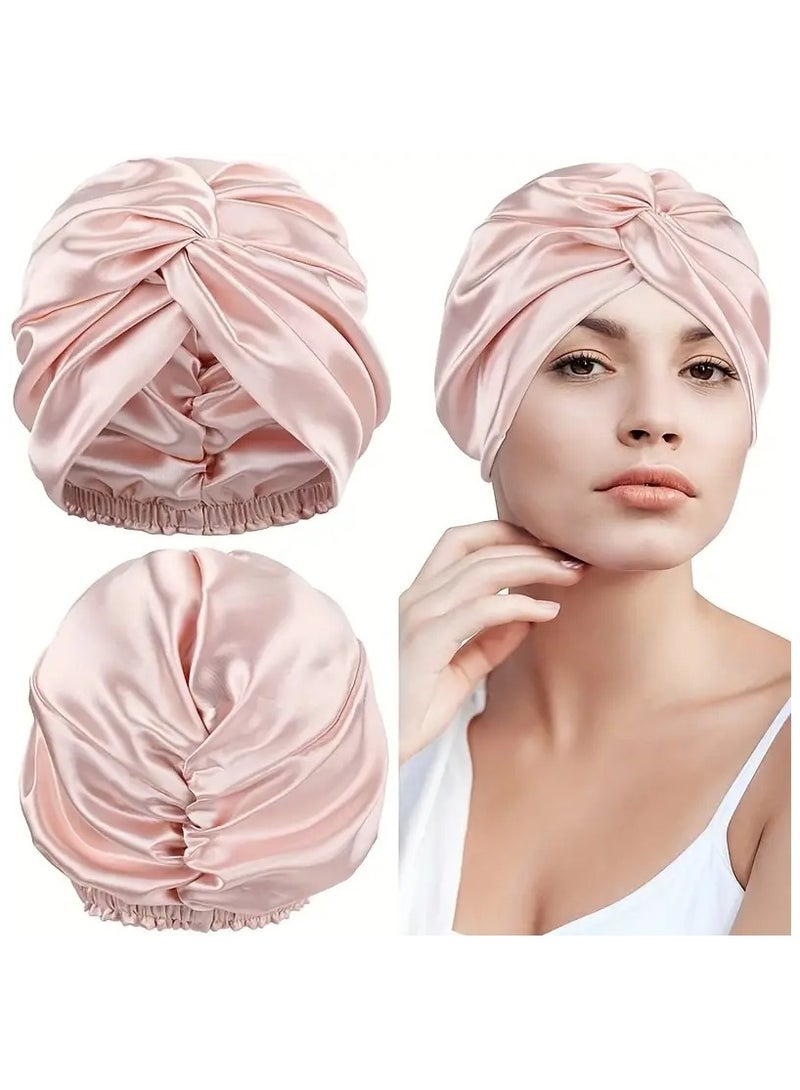 Goolsky 1pc Elegant Satin Ruched Bonnet Double Layer Knotted Elastic Turban Soft Shower Cap Sleeping Night Hat Hair Bonnet - Image 1