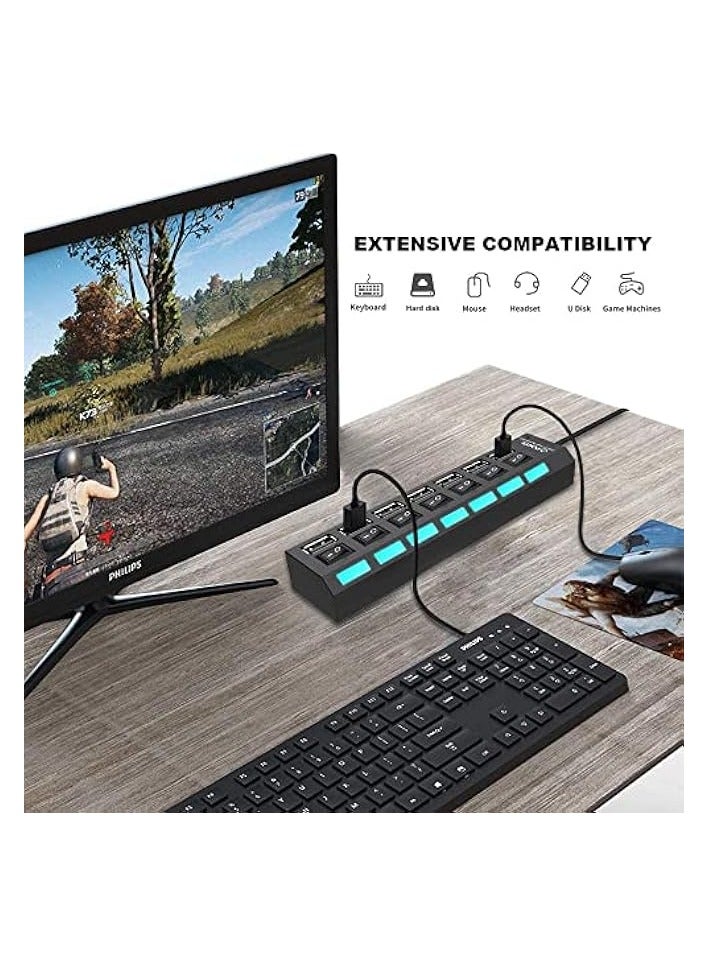 Green Tiger Multi Port USB Splitter, 7-Ports USB 2.0 Hub USB Data Adapter with On/Off Individual LEDs Switch Compatible for Macbook, Mac Pro/mini, For iMac, Notebook PC, USB Flash Drives, and Mobile HDD - Image 4