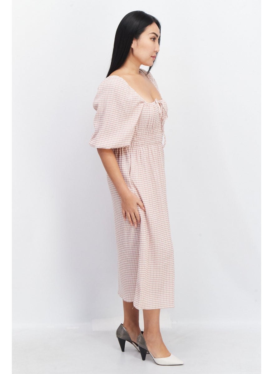 O P T - Women Checkered Midi Casual Dress, Pink - Image 1