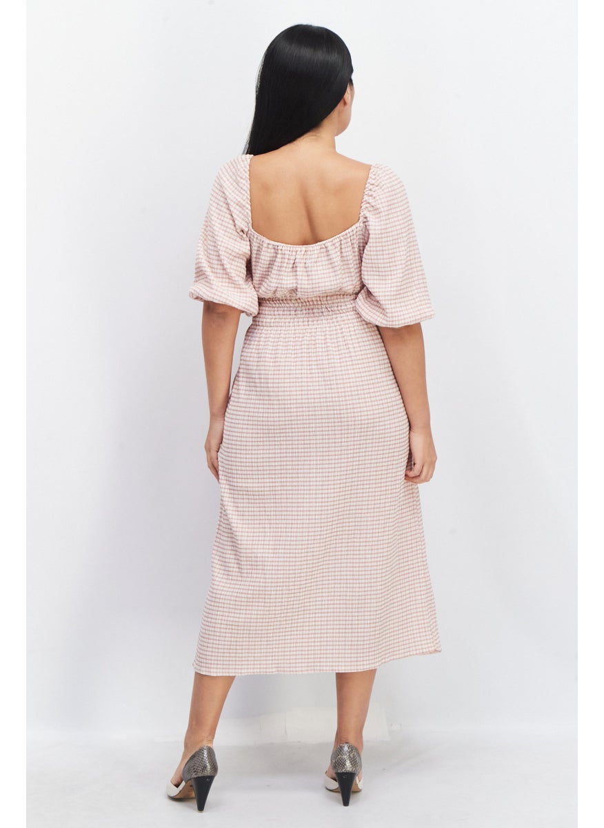 O P T - Women Checkered Midi Casual Dress, Pink - Image 1