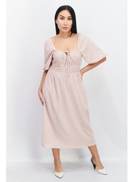 Women Checkered Midi Casual Dress, Pink