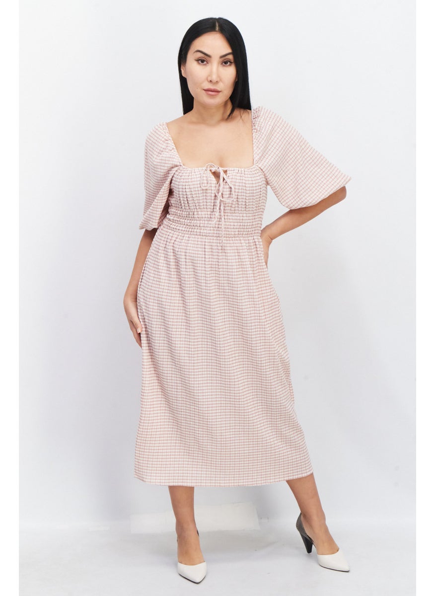 O P T - Women Checkered Midi Casual Dress, Pink - Image 1
