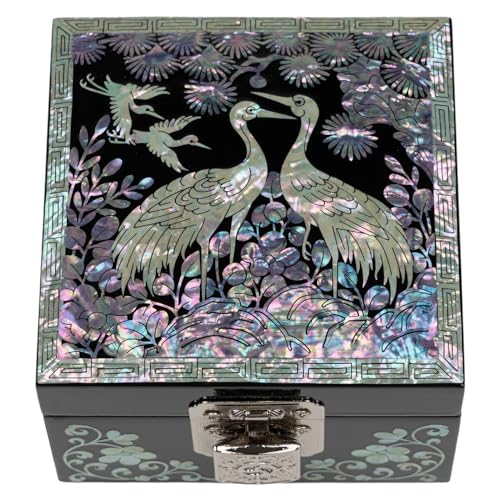 February Mountain Mother-of-Pearl Jewelry Box – Handcrafted Black Lacquered Keepsake with Crane & Bird Design, Red Velvet Interior – Christmas, Birthday Gift, Stocking Stuffer for Women - Image 1