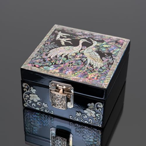February Mountain Mother-of-Pearl Jewelry Box – Handcrafted Black Lacquered Keepsake with Crane & Bird Design, Red Velvet Interior – Christmas, Birthday Gift, Stocking Stuffer for Women - Image 5
