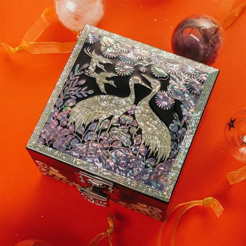 February Mountain Mother-of-Pearl Jewelry Box – Handcrafted Black Lacquered Keepsake with Crane & Bird Design, Red Velvet Interior – Christmas, Birthday Gift, Stocking Stuffer for Women - Image 4