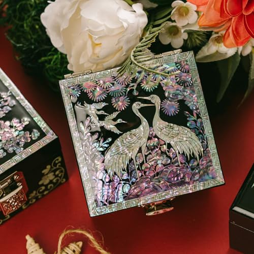 February Mountain Mother-of-Pearl Jewelry Box – Handcrafted Black Lacquered Keepsake with Crane & Bird Design, Red Velvet Interior – Christmas, Birthday Gift, Stocking Stuffer for Women - Image 3