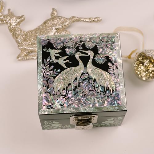 February Mountain Mother-of-Pearl Jewelry Box – Handcrafted Black Lacquered Keepsake with Crane & Bird Design, Red Velvet Interior – Christmas, Birthday Gift, Stocking Stuffer for Women - Image 2