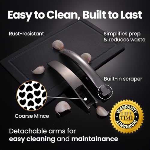 Gourmet Easy No Peeling Required Garlic Press Stainless Steel with Detachable Handle for Coarse Mincing - Premium Garlic Mincer Tool, Rust-Proof, Easy to Clean, Dishwasher Safe Garlic Crusher with 5-Year Warranty - Image 4