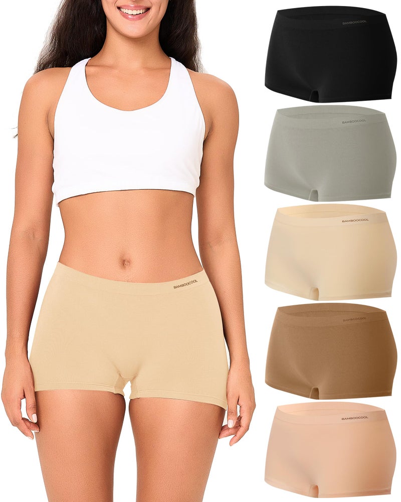 BAMBOO COOL Seamless Boyshort Underwear for Women Mid Waist Stretchy Panties Moisture Wicking Boxer Briefs 5 Pack - Image 1